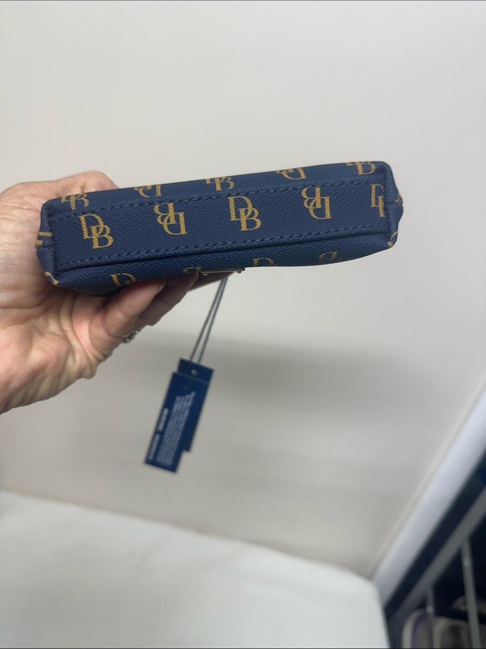 Dooney & Bourke Navy and Gold DB Monogram Kiss-Lock Coin Purse - Picture 4 of 11